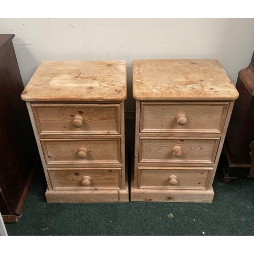 246 - A PAIR OF PINE THREE DRAWER BEDSIDE LOCKERS/CHESTS, three drawers raised on platform bases. Please n... 