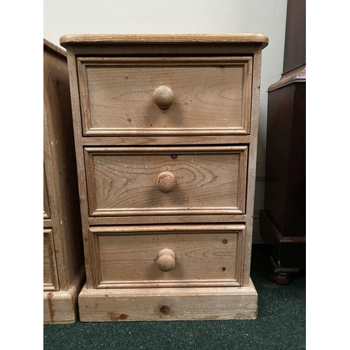 246 - A PAIR OF PINE THREE DRAWER BEDSIDE LOCKERS/CHESTS, three drawers raised on platform bases. Please n... 