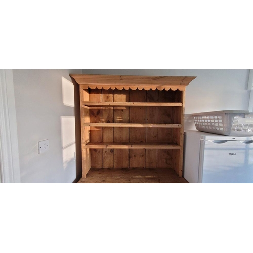 25 - A VERY GOOD IRISH PITCH PINE DRESSER, with pediment top over 3 open shelves; each with a raised lip ... 