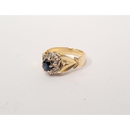 32 - A BEAUTIFUL VINTAGE 18CT YELLOW GOLD SAPPHIRE & DIAMOND DRESS RING, with a central oval shaped dark ... 