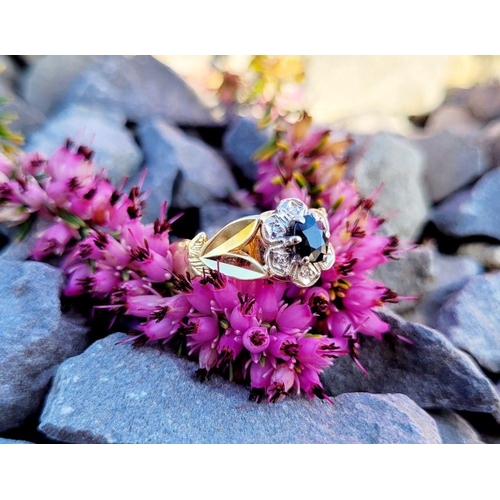 32 - A BEAUTIFUL VINTAGE 18CT YELLOW GOLD SAPPHIRE & DIAMOND DRESS RING, with a central oval shaped dark ... 