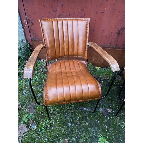 39 - A GREAT PAIR OF TAN LEATHER, METAL & WOOD ARMCHAIRS, nice contemporary design with mid-century inspi... 