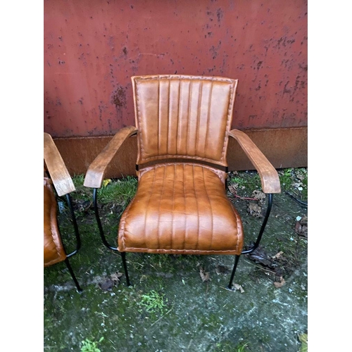 39 - A GREAT PAIR OF TAN LEATHER, METAL & WOOD ARMCHAIRS, nice contemporary design with mid-century inspi... 