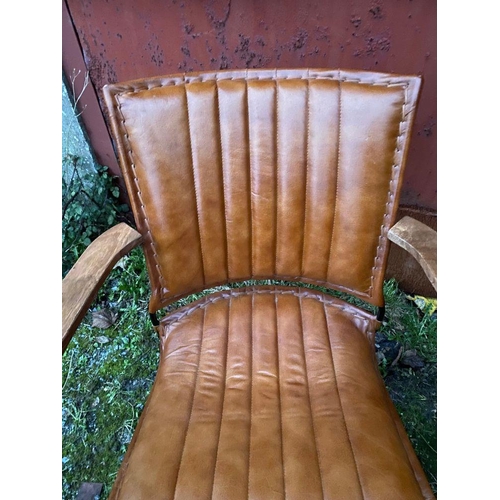 39 - A GREAT PAIR OF TAN LEATHER, METAL & WOOD ARMCHAIRS, nice contemporary design with mid-century inspi... 