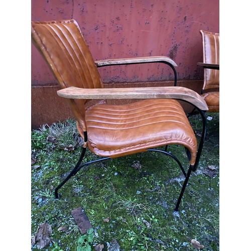 39 - A GREAT PAIR OF TAN LEATHER, METAL & WOOD ARMCHAIRS, nice contemporary design with mid-century inspi... 