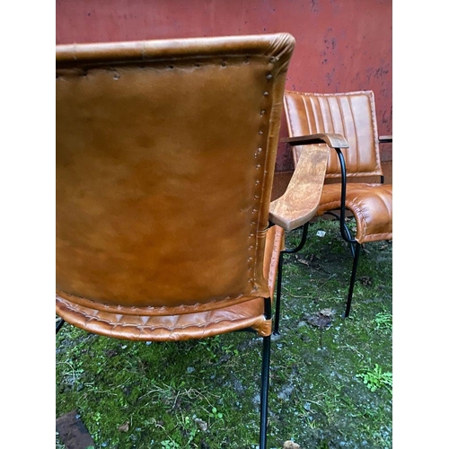 39 - A GREAT PAIR OF TAN LEATHER, METAL & WOOD ARMCHAIRS, nice contemporary design with mid-century inspi... 