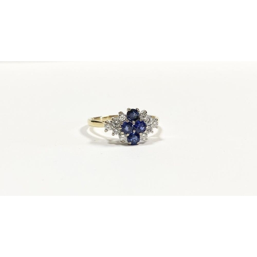 4 - A FANTASTIC 18CT YELLOW GOLD SAPPHIRE & DIAMOND CLUSTER RING, with four round cut vibrant sapphires ... 