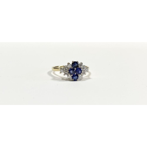 4 - A FANTASTIC 18CT YELLOW GOLD SAPPHIRE & DIAMOND CLUSTER RING, with four round cut vibrant sapphires ... 