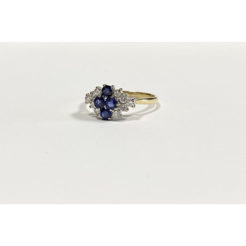 4 - A FANTASTIC 18CT YELLOW GOLD SAPPHIRE & DIAMOND CLUSTER RING, with four round cut vibrant sapphires ... 