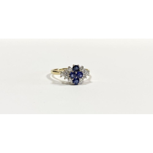 4 - A FANTASTIC 18CT YELLOW GOLD SAPPHIRE & DIAMOND CLUSTER RING, with four round cut vibrant sapphires ... 