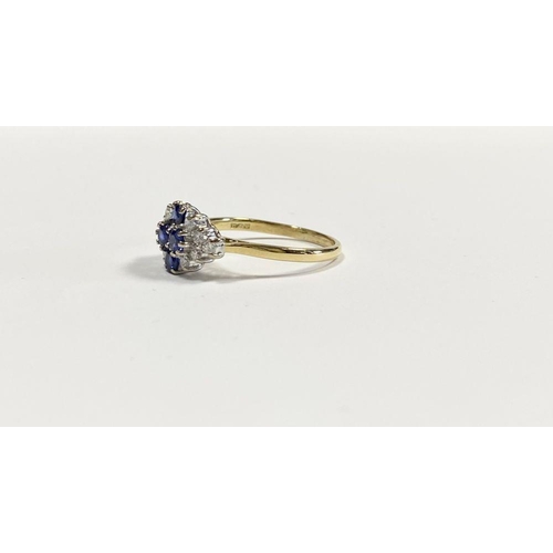 4 - A FANTASTIC 18CT YELLOW GOLD SAPPHIRE & DIAMOND CLUSTER RING, with four round cut vibrant sapphires ... 