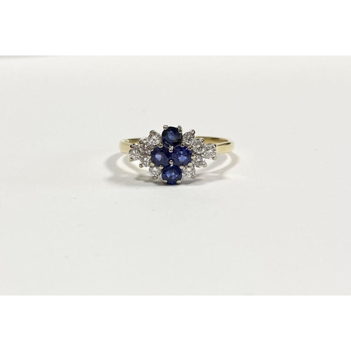 4 - A FANTASTIC 18CT YELLOW GOLD SAPPHIRE & DIAMOND CLUSTER RING, with four round cut vibrant sapphires ... 