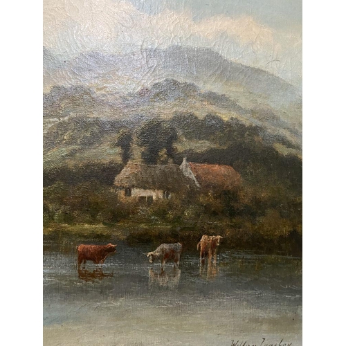 40 - WILLIAM LANGLEY (British 1852-1922), ‘LANDSCAPE, CATTLE BY WATER WITH COTTAGES ON MOUNTAINS BEYOND’,... 