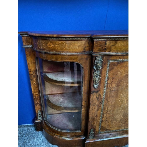 41 - A VERY FINE VICTORIAN WALNUT INLAID CREDENZA, bow fronted, highly decorated throughout. The shaped t... 