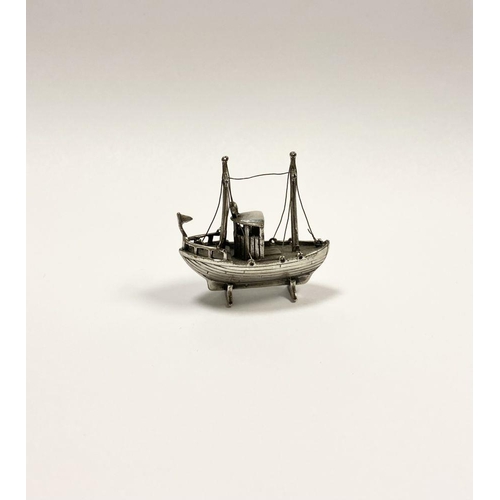 57 - A CHARMING STERLING SILVER MINIATURE FISHING BOAT, Hallmarked with European assay mark and marked 92... 