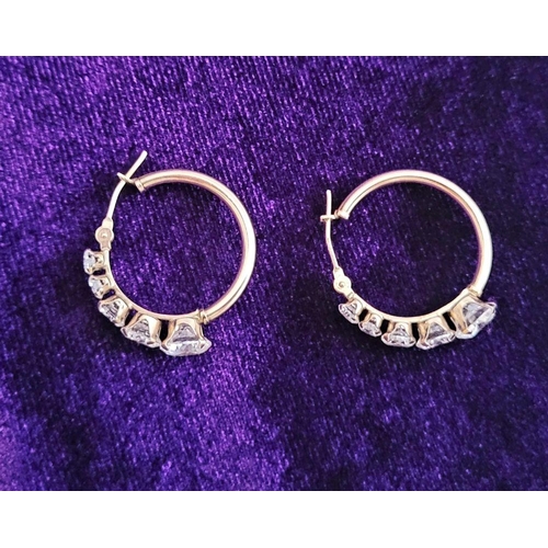 58 - A GREAT PAIR OF 9CT YELLOW GOLD WHITE SAPPHIRE HOOP STYLE EARRINGS, with graduated setting of 5 whit... 