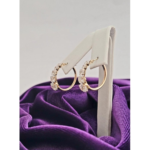 58 - A GREAT PAIR OF 9CT YELLOW GOLD WHITE SAPPHIRE HOOP STYLE EARRINGS, with graduated setting of 5 whit... 