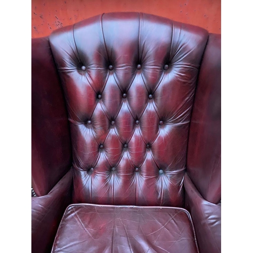 67 - A GOOD LEATHER CHESTERFIELD WINGBACK ARMCHAIR, nice deep button back, stud upholstery to wingback an... 