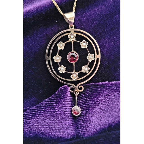 8 - A BEAUTIFUL EDWARDIAN 9CT YELLOW GOLD GARNET & SEED PEARL PENDANT WITH GOLD CHAIN, the pendant is a ... 