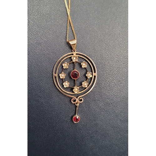 8 - A BEAUTIFUL EDWARDIAN 9CT YELLOW GOLD GARNET & SEED PEARL PENDANT WITH GOLD CHAIN, the pendant is a ... 