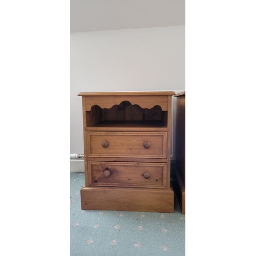 92 - A GOOD PAIR OF PINE BEDSIDE LOCKERS / LAMP LOCKERS, each with an open shelf having a shaped skirt to... 