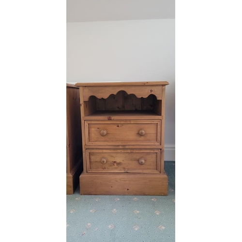 92 - A GOOD PAIR OF PINE BEDSIDE LOCKERS / LAMP LOCKERS, each with an open shelf having a shaped skirt to... 