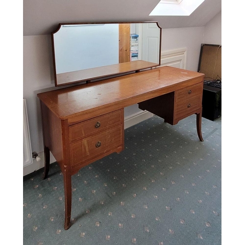 93 - A MID 20TH CENTURY INLAID FIDDLE MAHOGANY DRESSING TABLE, with mirror. The Mirror is raised up on a ... 