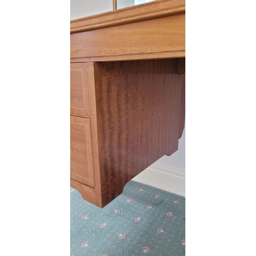 93 - A MID 20TH CENTURY INLAID FIDDLE MAHOGANY DRESSING TABLE, with mirror. The Mirror is raised up on a ... 