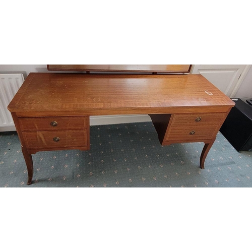 93 - A MID 20TH CENTURY INLAID FIDDLE MAHOGANY DRESSING TABLE, with mirror. The Mirror is raised up on a ... 