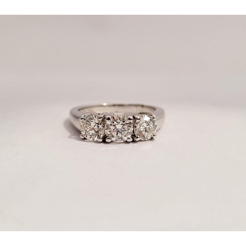 97 - A FINE 18CT WHITE GOLD THREE STONE DIAMOND RING, the diamonds are around 1.45ct in weight, very good... 