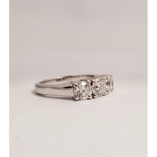 97 - A FINE 18CT WHITE GOLD THREE STONE DIAMOND RING, the diamonds are around 1.45ct in weight, very good... 