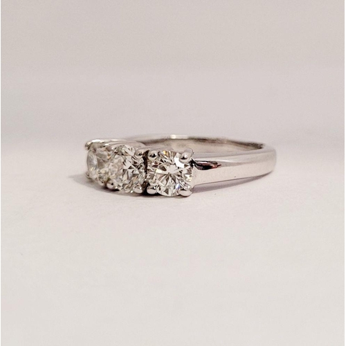 97 - A FINE 18CT WHITE GOLD THREE STONE DIAMOND RING, the diamonds are around 1.45ct in weight, very good... 