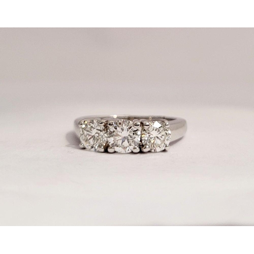 97 - A FINE 18CT WHITE GOLD THREE STONE DIAMOND RING, the diamonds are around 1.45ct in weight, very good... 