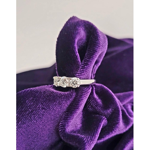 97 - A FINE 18CT WHITE GOLD THREE STONE DIAMOND RING, the diamonds are around 1.45ct in weight, very good... 