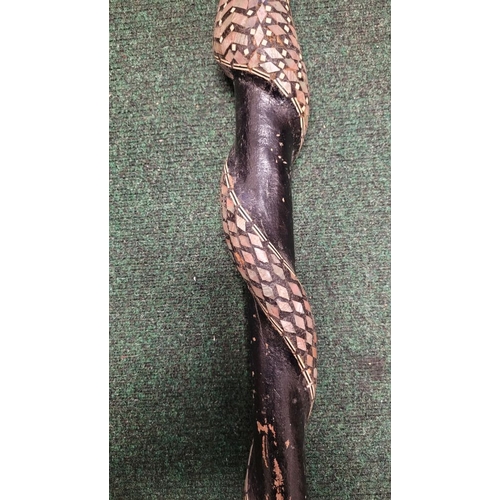 254 - AN UNUSUAL MOTHER OF PEARL & BONE INLAID WALKING STICK / STAFF IN THE FORM OF A SNAKE, the head of t... 