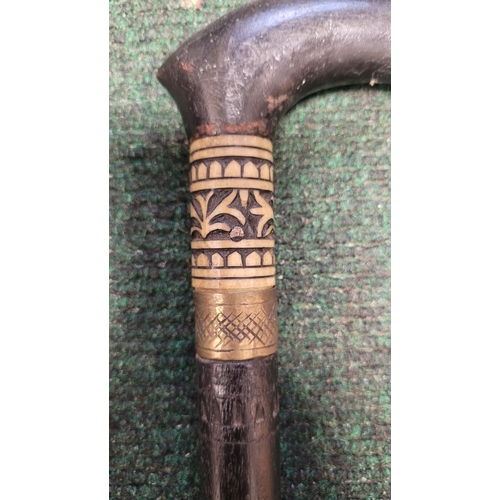 255 - AN ANTIQUE INDIAN CANE, with carved handle in the form of an animal head, with inlaid bone details, ... 