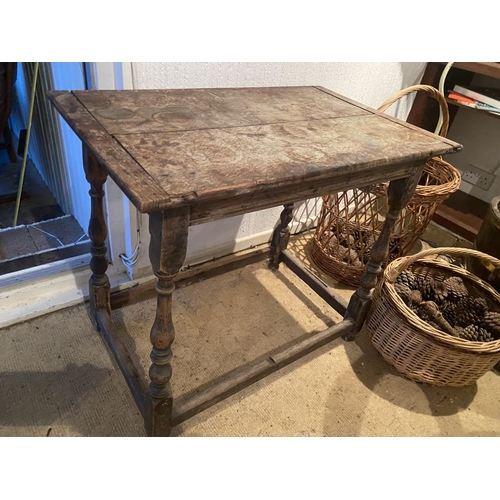 256 - A 19TH JACOBEAN REVIVAL OAK SIDE TABLE, country style piece, raised on a turned column legs which ar... 