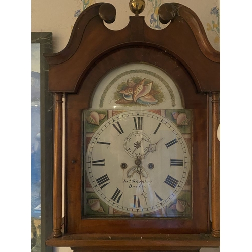 258 - A GOOD 19TH CENTURY MAHOGANY LONGCASE GRANDFATHER CLOCK, by James Shepley, of Derby. The top with a ... 