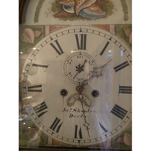 258 - A GOOD 19TH CENTURY MAHOGANY LONGCASE GRANDFATHER CLOCK, by James Shepley, of Derby. The top with a ... 