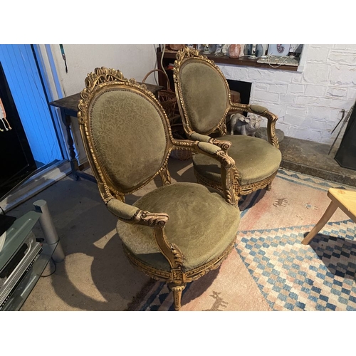 263 - A PAIR OF GOOD GILTWOOD FRENCH STYLE ARMCHAIRS, lovely detail to the raised carved crest rails, with... 