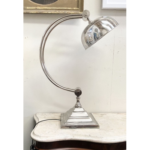 100 - A 1960s CHROME TABLE LAMP with dome shade on adjustable arm support raised on a square stepped base.... 
