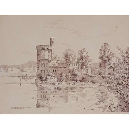 20 - GEOFF PLEASANCE, (BRITISH, B.1942), BLACKROCK CASTLE, CO. CORK, ink on paper, signed and dated 1979 ... 