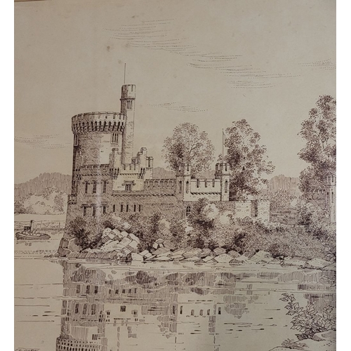 20 - GEOFF PLEASANCE, (BRITISH, B.1942), BLACKROCK CASTLE, CO. CORK, ink on paper, signed and dated 1979 ... 