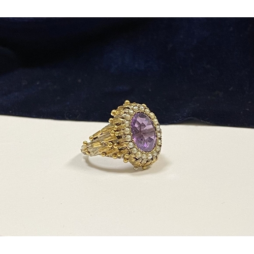 25 - A STUNNING ANTIQUE 18CT GOLD AMETHYST & SEED PEARL CLUSTER RING, with central large oval cut amethys... 