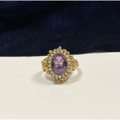 25 - A STUNNING ANTIQUE 18CT GOLD AMETHYST & SEED PEARL CLUSTER RING, with central large oval cut amethys... 