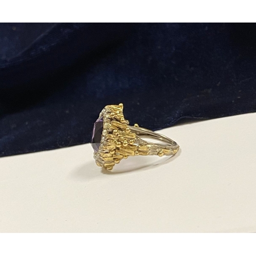 25 - A STUNNING ANTIQUE 18CT GOLD AMETHYST & SEED PEARL CLUSTER RING, with central large oval cut amethys... 