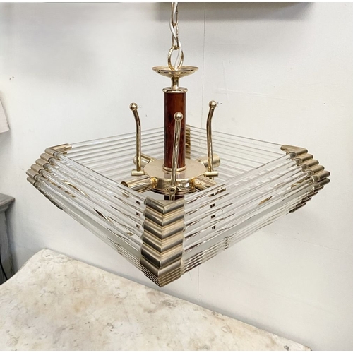 42 - A BEAUTIFUL BRASS AND GLASS CHANDELIER, c.1980, the cylindrical simulated tortoiseshell column with ... 