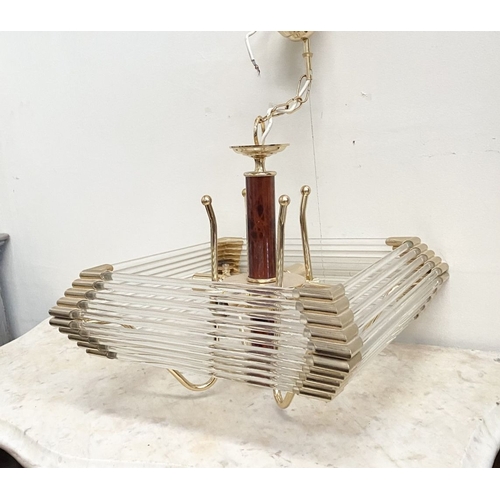 42 - A BEAUTIFUL BRASS AND GLASS CHANDELIER, c.1980, the cylindrical simulated tortoiseshell column with ... 