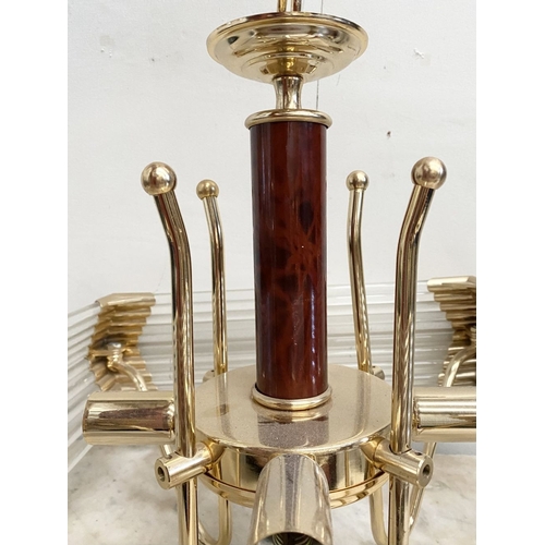 42 - A BEAUTIFUL BRASS AND GLASS CHANDELIER, c.1980, the cylindrical simulated tortoiseshell column with ... 