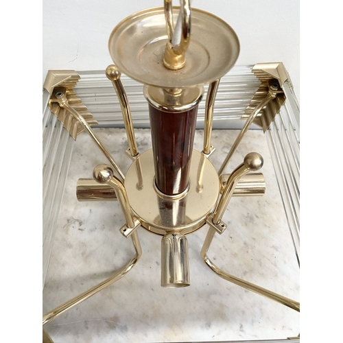 42 - A BEAUTIFUL BRASS AND GLASS CHANDELIER, c.1980, the cylindrical simulated tortoiseshell column with ... 